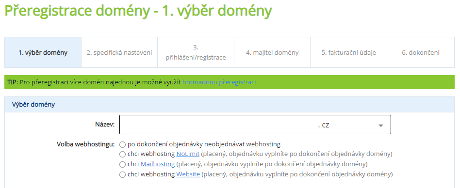 Obrázek přeregistrace / převodu domény na Wedos Webhostingu.